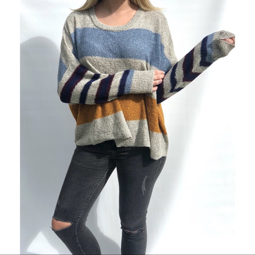1 Left! Grey Multi Color Striped Oversized Sweater - Picture 3 of 6